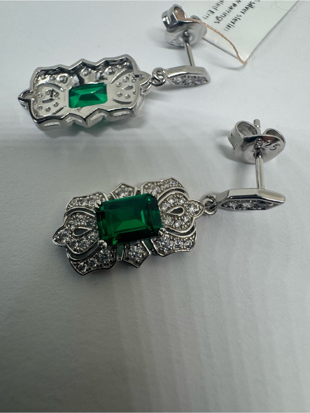925 Sterling Silver Gold Plated Lab Created Emerald Stud Earrings - Picture 9 of 13